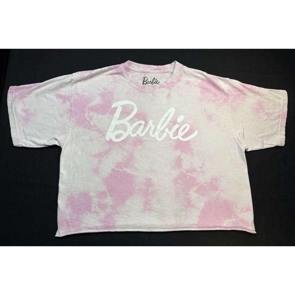 Barbie Pink White Tie-Dye Logo Cropped Crew Neck Knit Cotton Tee Size M